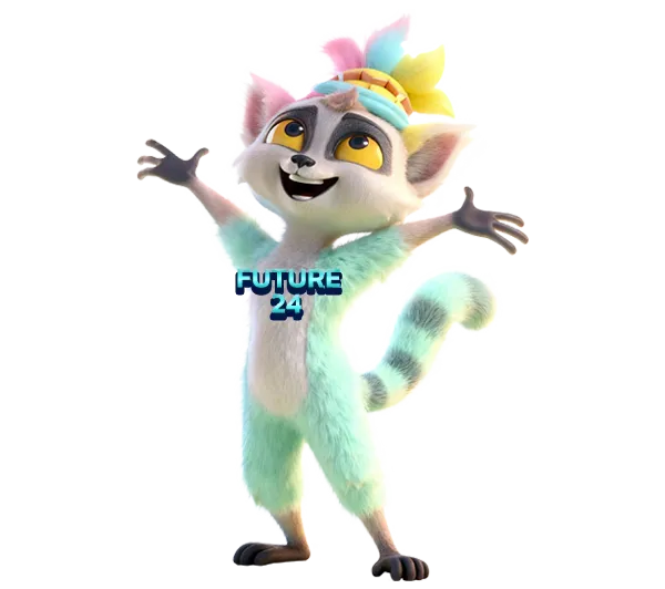 FUTURE24 ตัวละครลีเมอร์การ์ตูนสีเขียวมิ้นท์ ยกมือฉลองยิ้มกว้าง