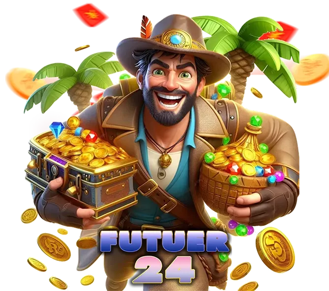 FUTUER24 นักผจญภัยใส่หมวกยิ้มกว้างถือหีบสมบัติและกระเช้าอัญมณี ล้อมด้วยเหรียญทอง