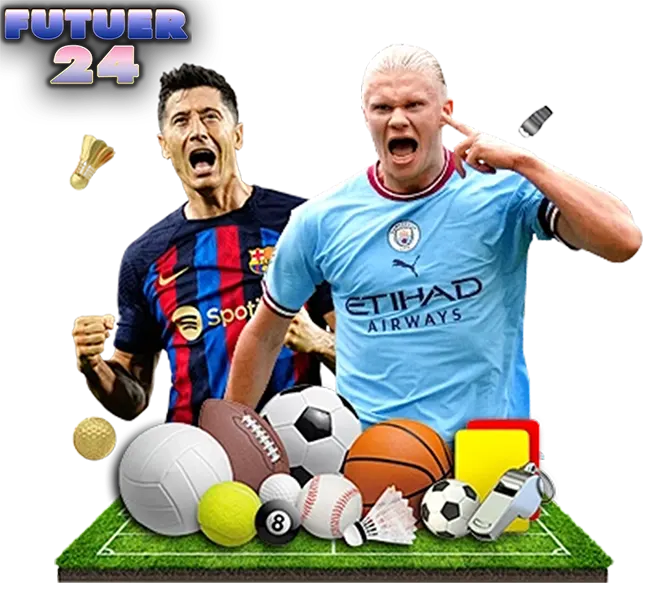 FUTUER24 นักฟุตบอลสองคนฉลองชัย ล้อมด้วยลูกบอลกีฬาหลากชนิดบนสนามหญ้า